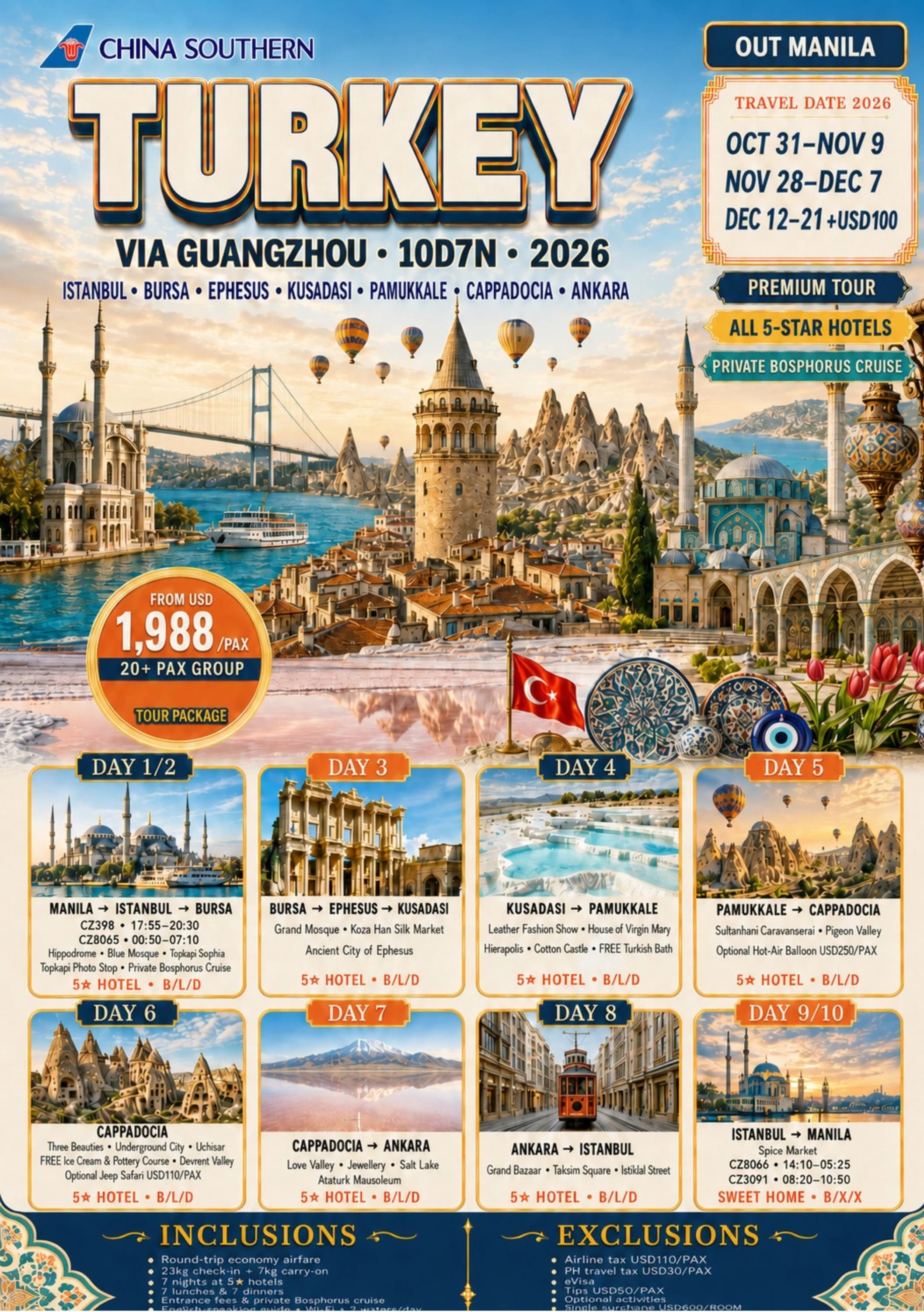 Turkey via Guangzhou Premium Tour — Istanbul, Bursa, Ephesus, Kusadasi, Pamukkale, Cappadocia & Ankara, Turkey